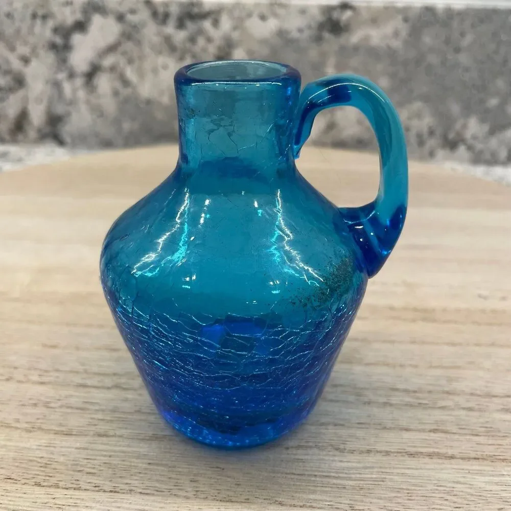 Vintage MCM Cobalt Blue Crackle Glass Mini Pitcher Hand Blown Art Glass 4.5